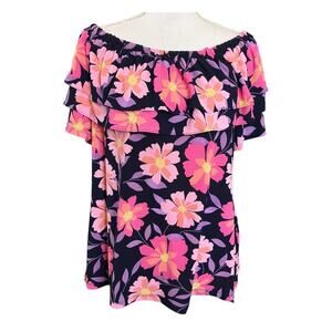 Charter Club Navy Pink Purple Floral Ruffle Short Sleeve Top XL